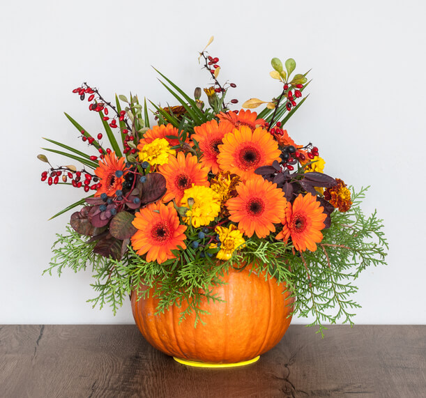 Flower bouquet inside a pumpkin