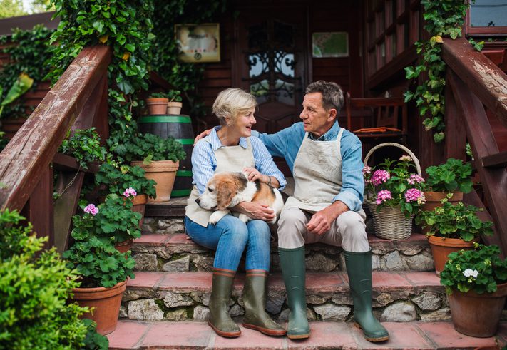 couple on steps with dog