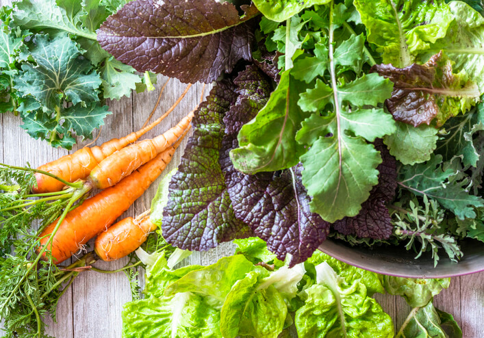 Leafy greens and carrots harvested on a table