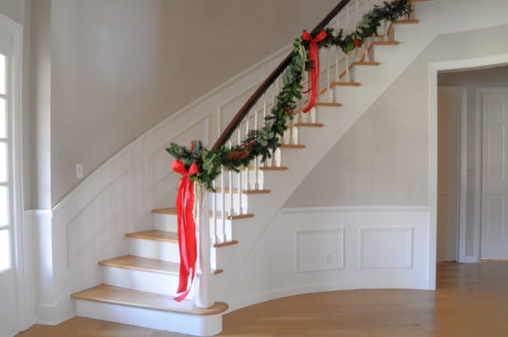 Staircase with an evergreen garland