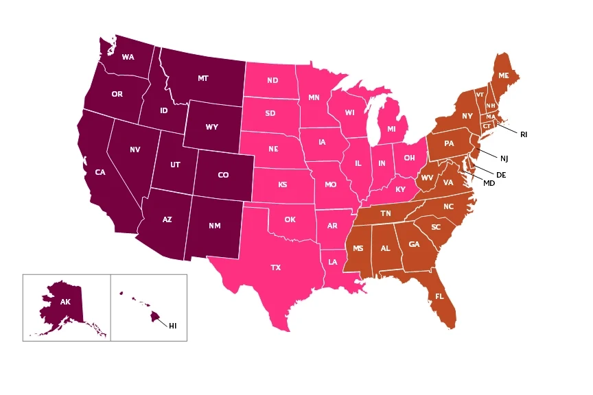 U.S. map: west in maroon, central in pink, east in orange