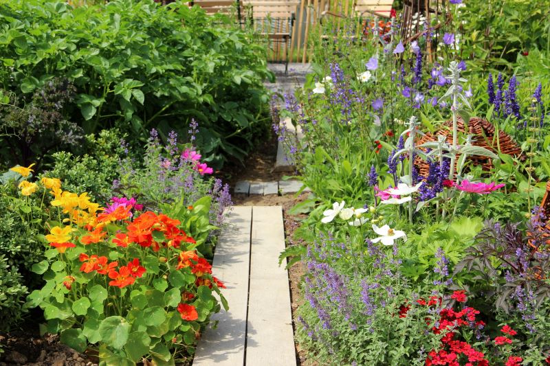 A paved path through a blooming garden