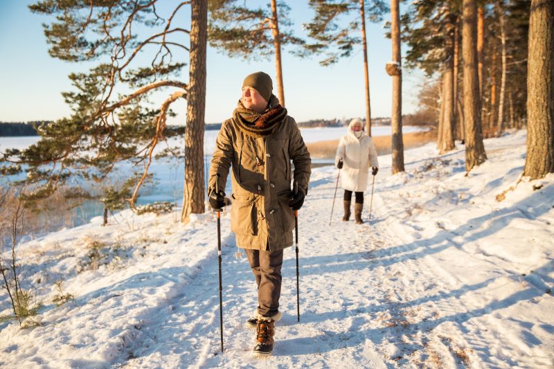 Two people hiking in the snow