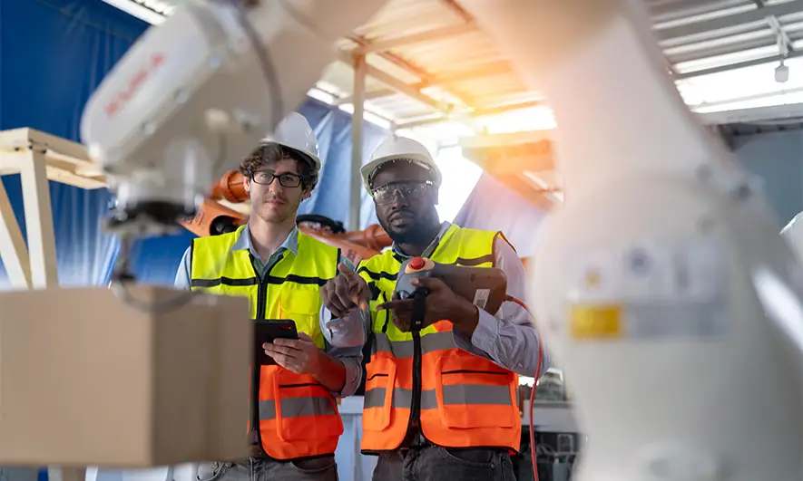 Construction workers using a robot arm