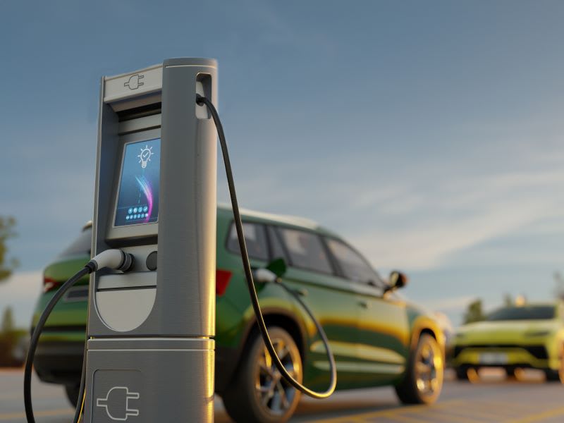 An electric car plugged in to charge