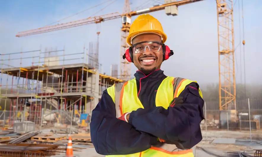 Construction worker in safety gear stands at a job site with cranes and a building under construction.