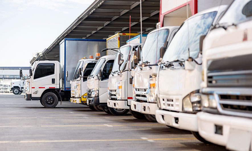 Line of trucks in a parking lot