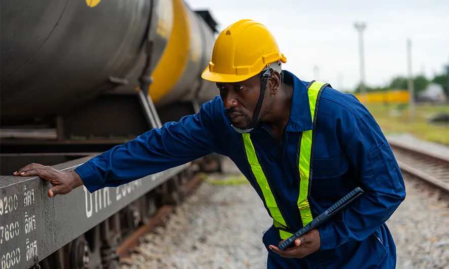 A worker inspecting a train car