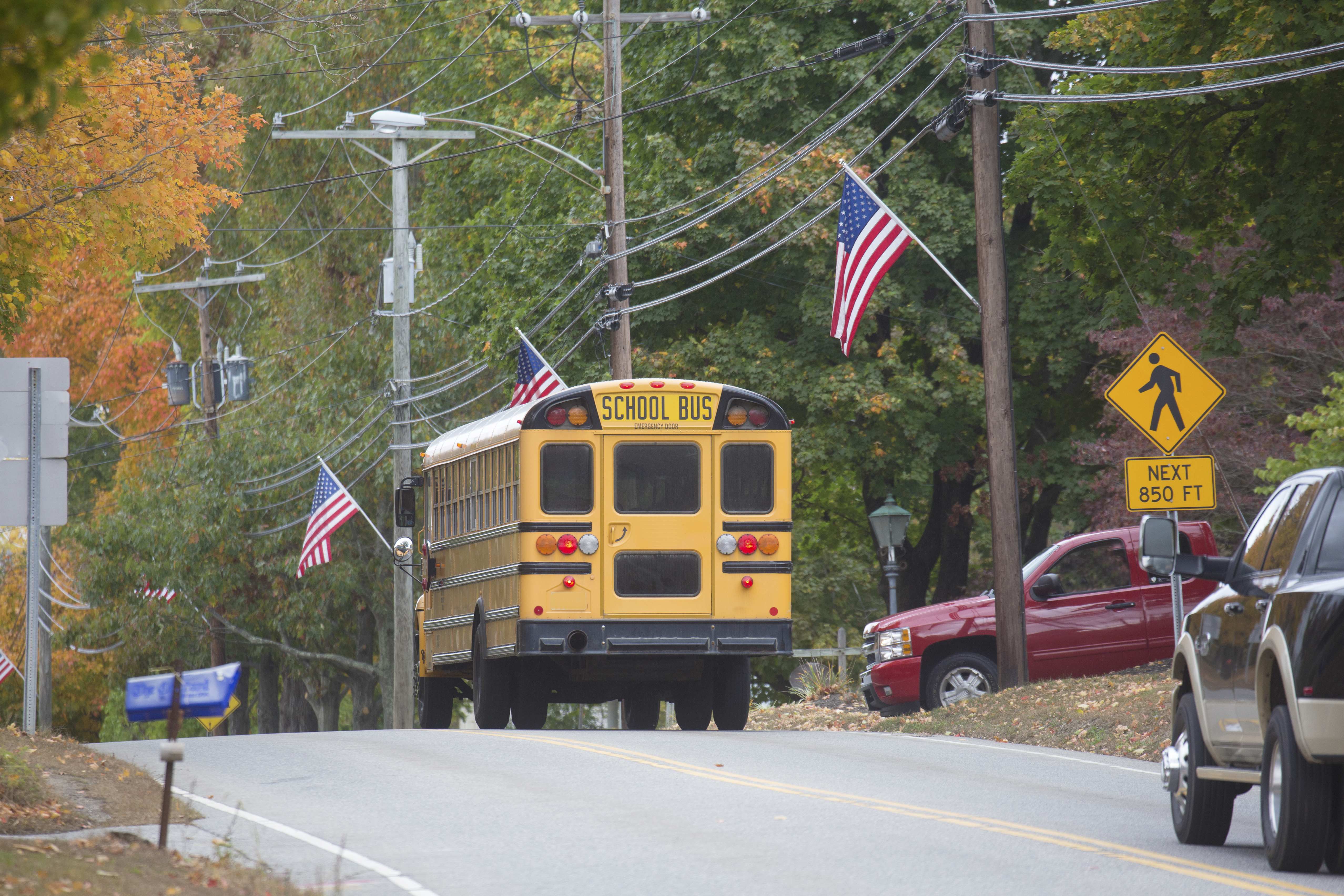 A school bus drives down the road