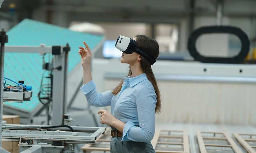 Women using artificial intelligence goggles to navigate machinery.