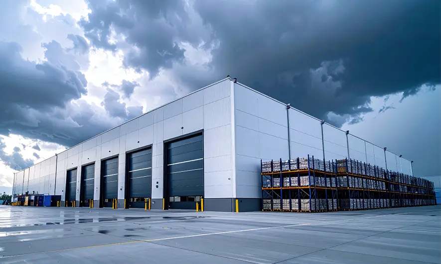 Large industrial warehouse with multiple loading dock doors and stacked pallets outside under dark, stormy clouds.