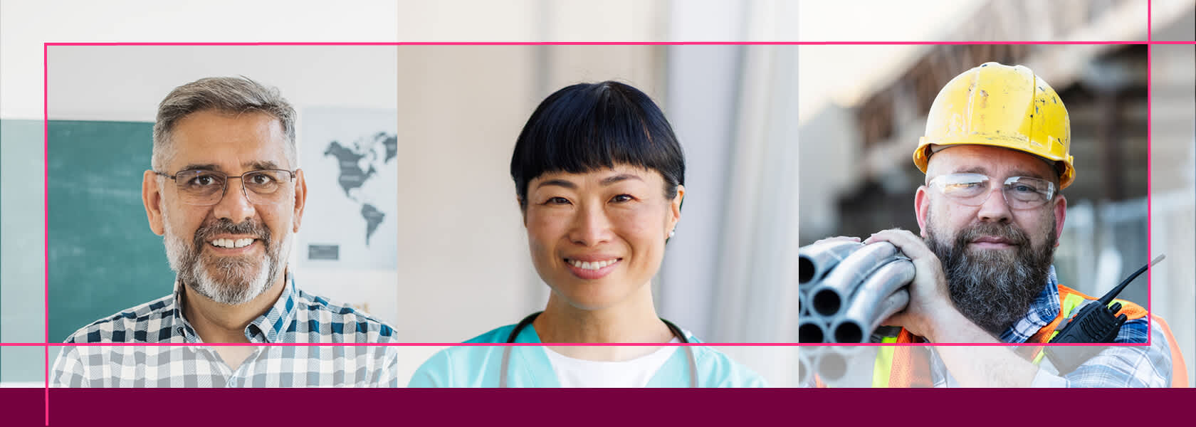 Three smiling workers from different industries