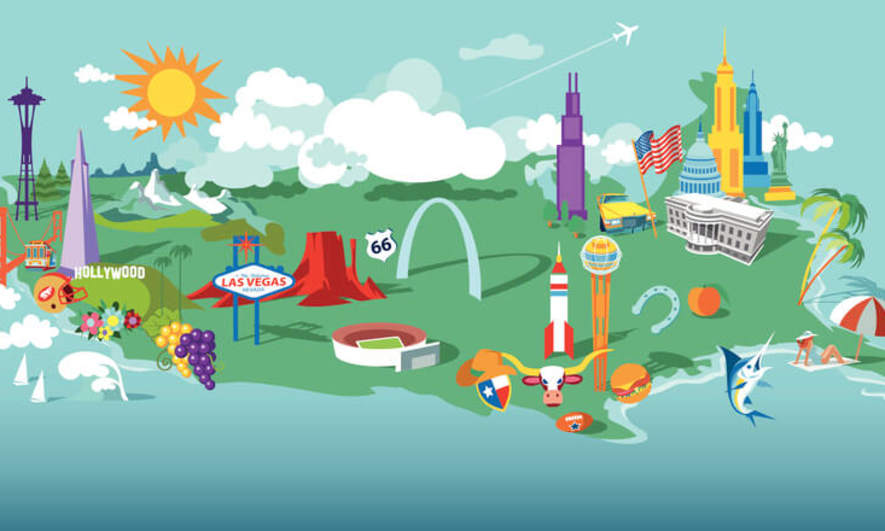 illustration of the united states with landmarks
