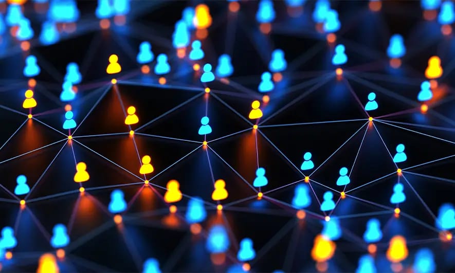 Network of connected blue and orange human figures on a dark background