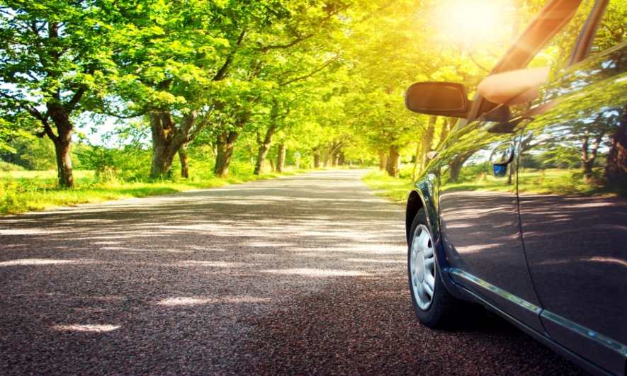 A car on a tree-line road