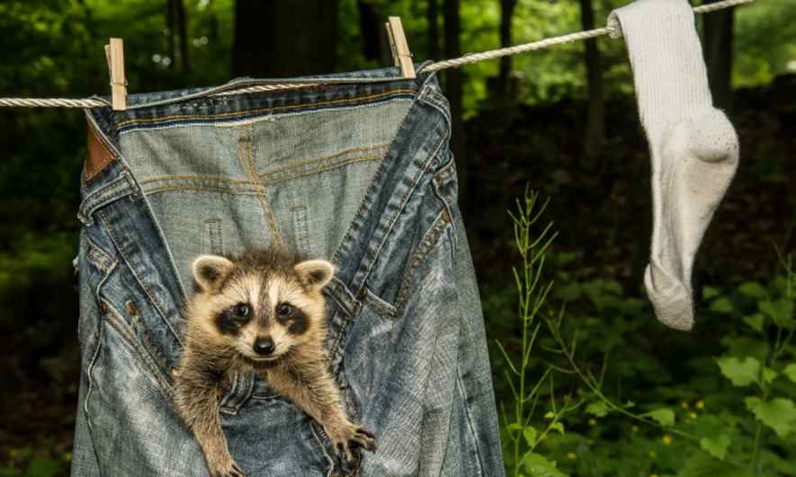 A raccoon rummaging in some hanging laundry