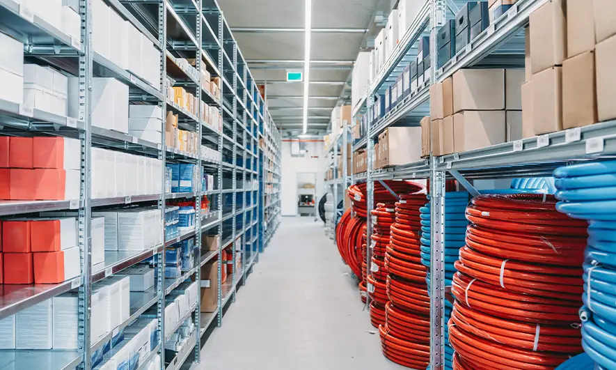 Industrial warehouse aisle with shelves of boxes and coiled red and blue pipes.