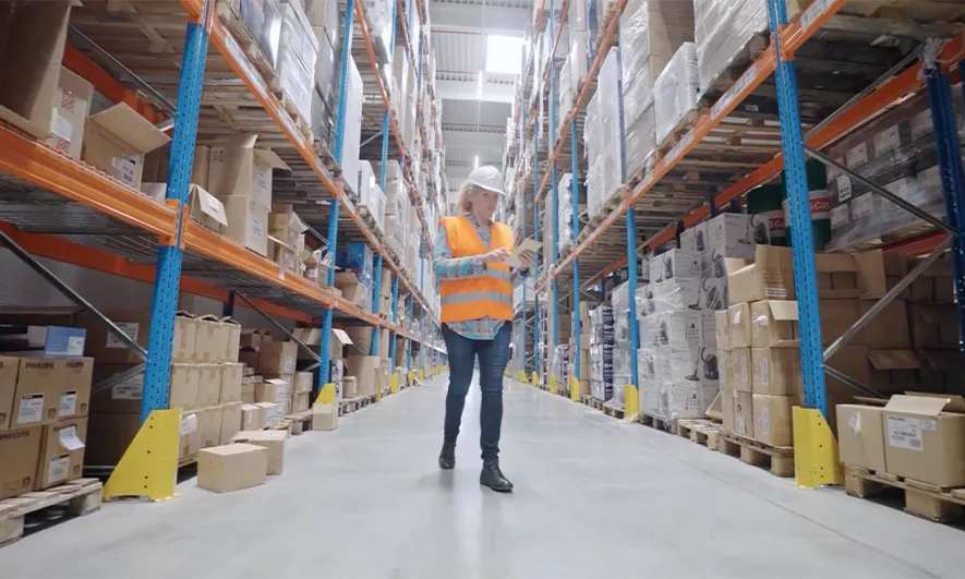 Worker walks down a warehouse aisle
