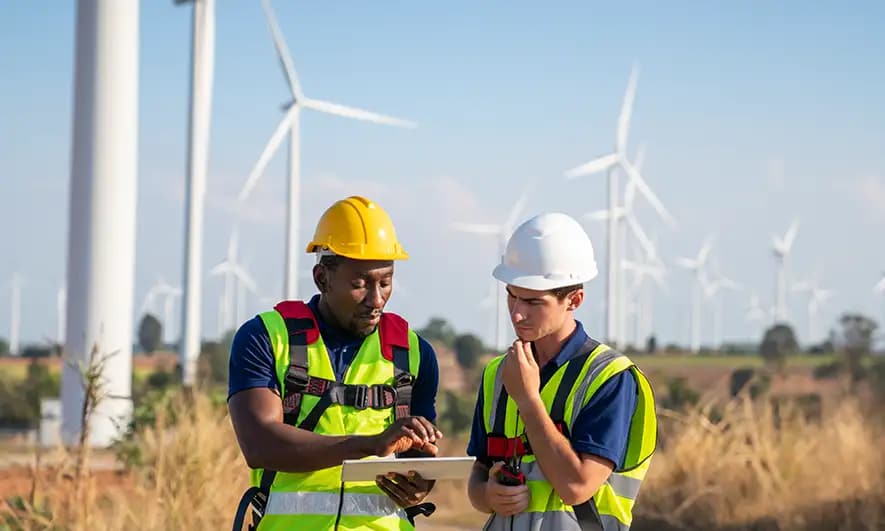 Two field workers in a wind farm