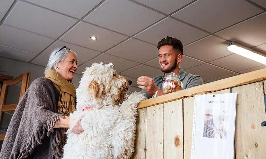 small business owner happy after getting a pet business insurance quote from The Hartford