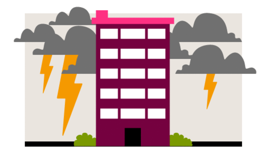 Storms outside an office building