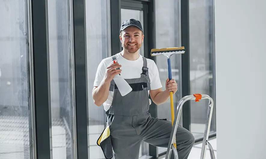 business owner happily does his job after getting window cleaning  business insurance